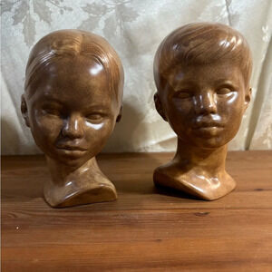 Vintage Boy and Girl ceramic heads, 1970s Holland mold, hand painted